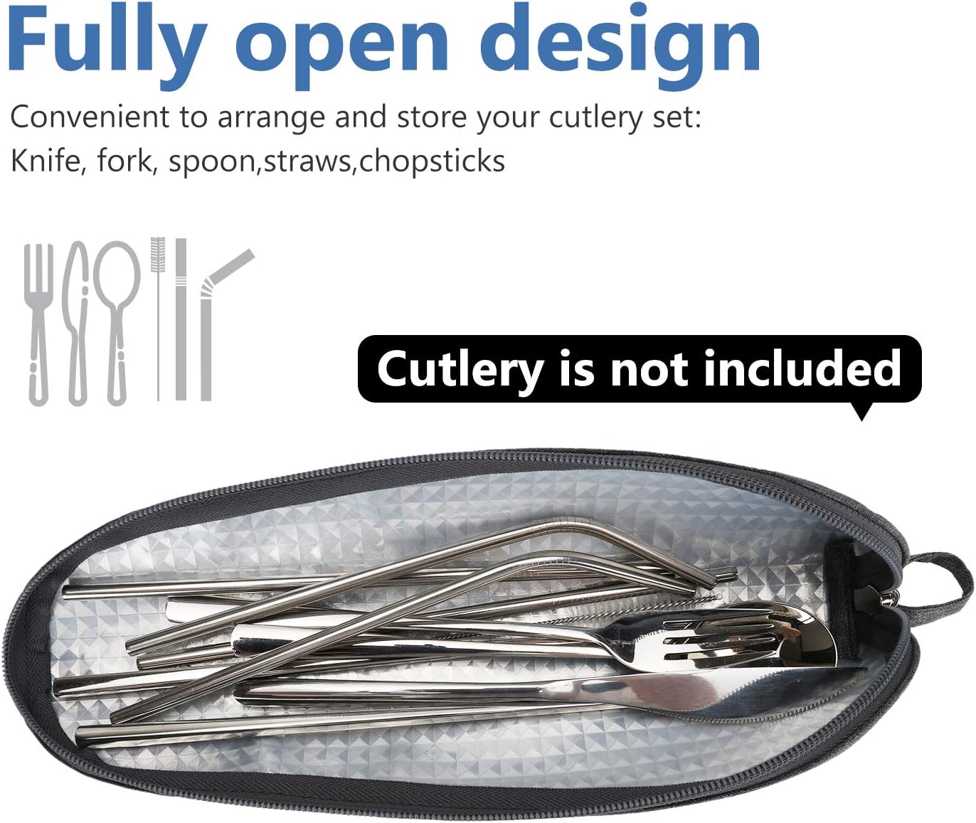 Travel Utensil Sets Carrying Case 2-pack Portable Cutlery Set Bag Reusable Silverware Set Stainless Steel Straws Pouch Chopsticks Knife Fork and Spoon Holder for Bento Lunch Box Black&Grey, Aosbos