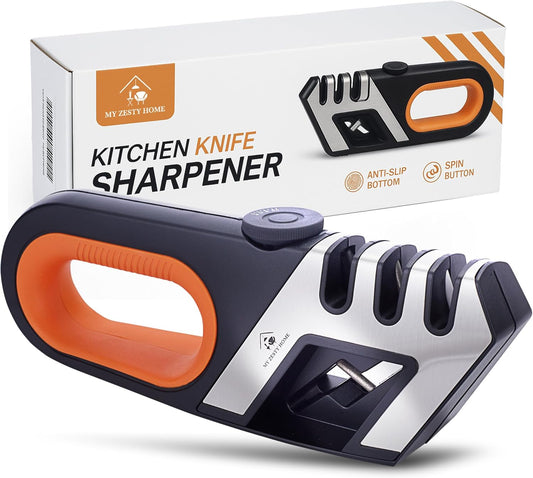 3-Step Knife & Scissor Sharpener with 5 Adjustable Angles, Manual, Pull Through for Kitchen, Chef, Pocket & Filet Knives, Tungsten, Diamond & Ceramic Rods for Repair, Restore & Polish, Non-Slip Base