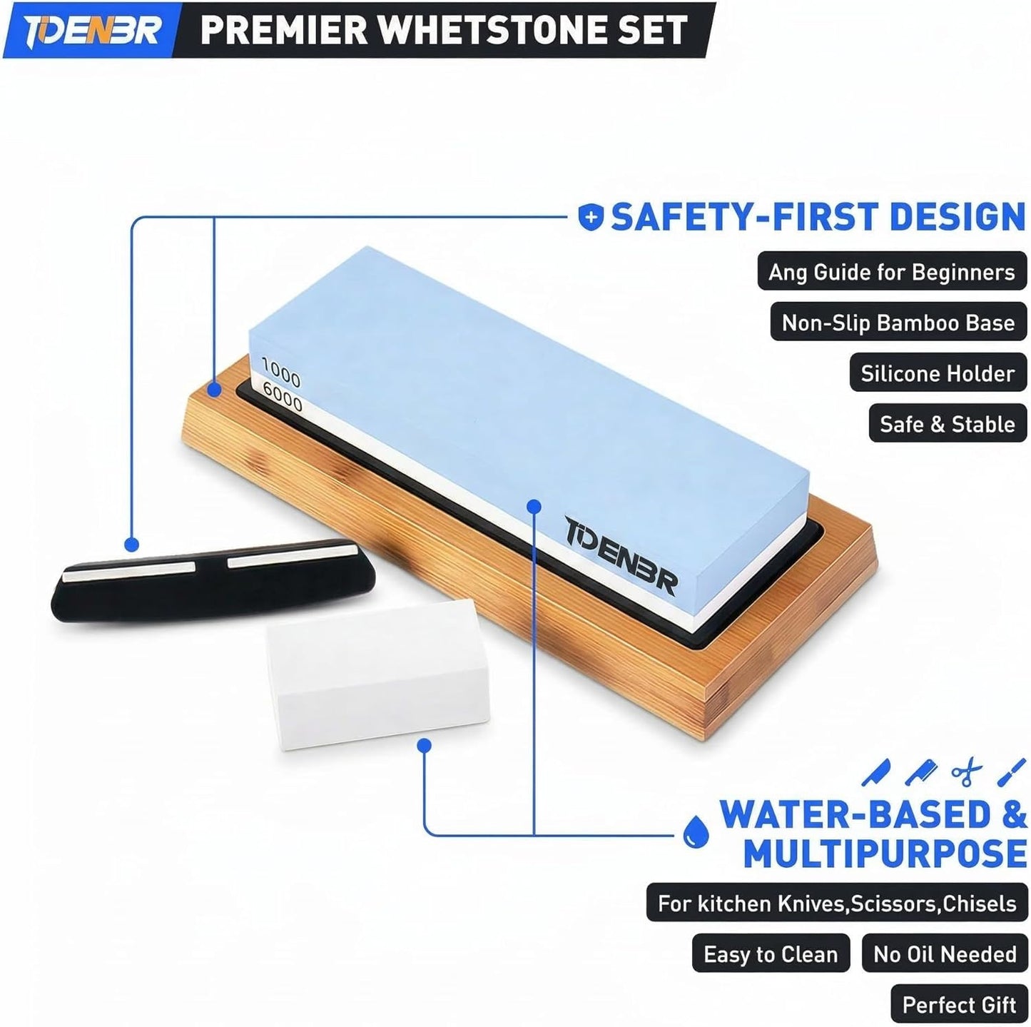 Knife Sharpening Stone Kit 1000/6000 Grit, Dual-Sided Whetstone Knife Sharpener Water Stone with Non-Slip Bamboo Base, Angle Guide & Flattening Stone for Kitchen Chef Pocket Knives