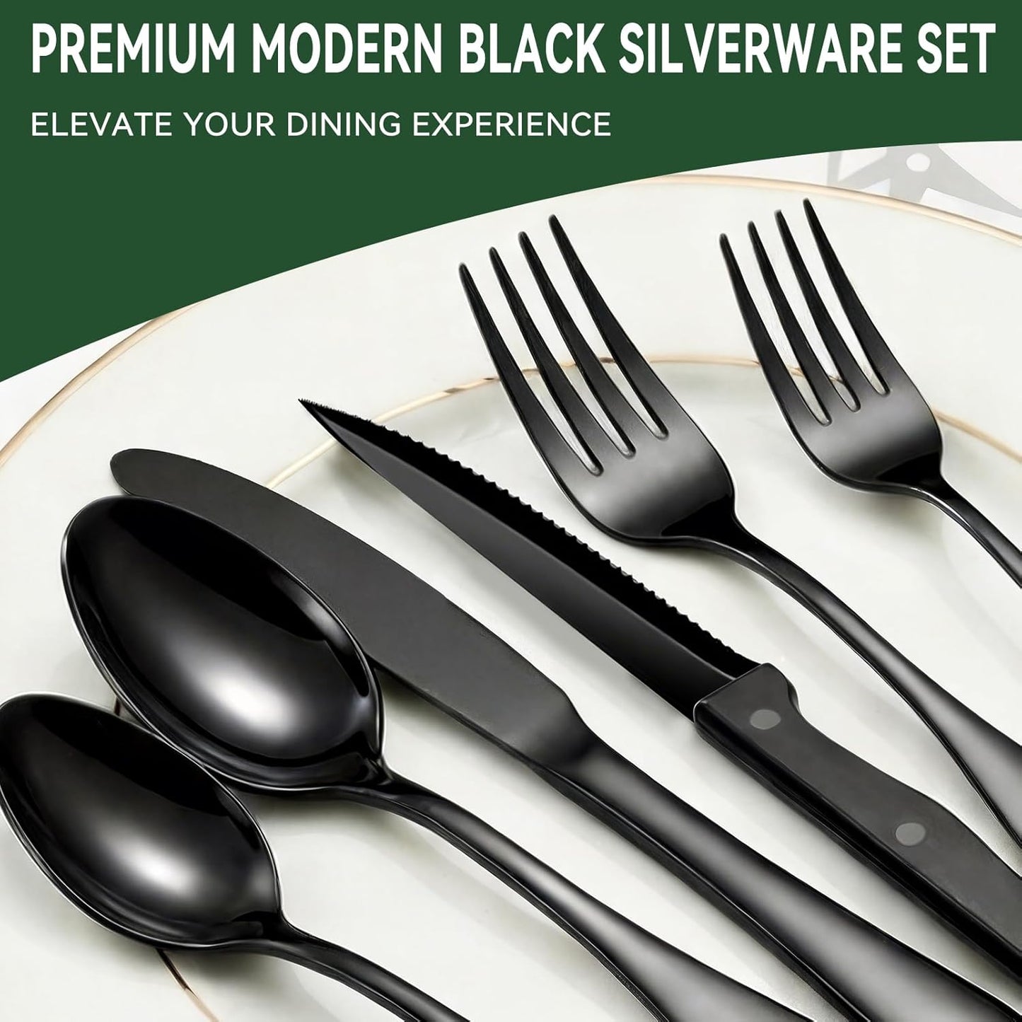 JUNLIN 49 Pieces Black Silverware Set with Steak Knives, Stainless Steel Silverware with Organizer Flatware Utensils Set for 8, Forks and Spoons Silverware Set Cutlery Set