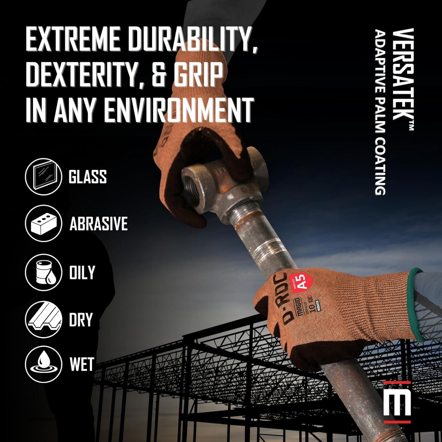 MAGID D-ROC ANSI A5 DX+ Technology VersaTek Grip Work Gloves, 1 Pair, Size 10/XL, DXPG53