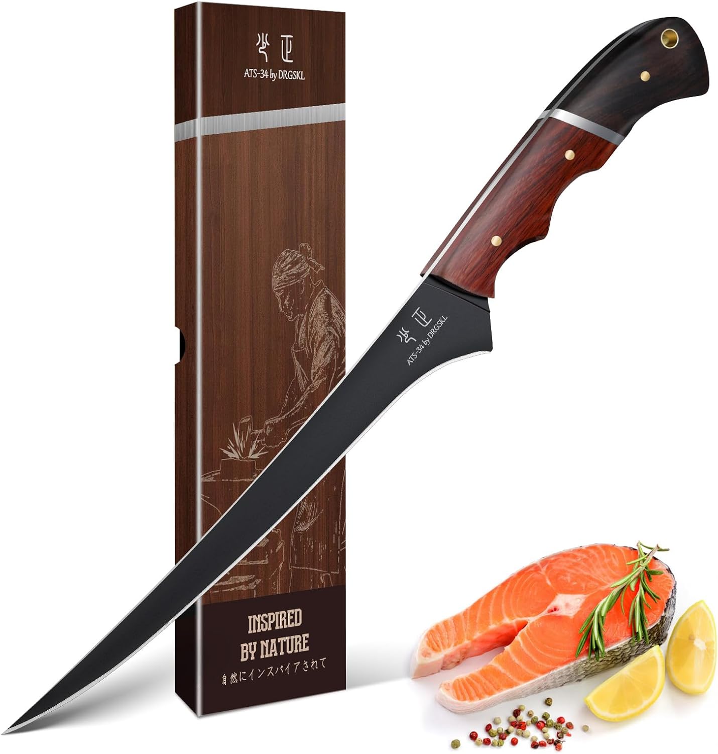 DRGSKL Boning Knife 7 inch - Brisket Trimming Knives for Meat Cutting, Black Butcher Slicing Knives with Full Tang Handle, Kitchen Fillet Knife for Birthday Dad Mom Gift
