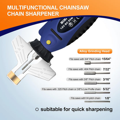 Electric Chainsaw Sharpener kit， Chainsaw Chain sharpener12V,DC 55W 25000PRM,with 5 Alloy Grinding Stones,File, 110V Convert 12V Outlet Power Adapter (ETJ007)