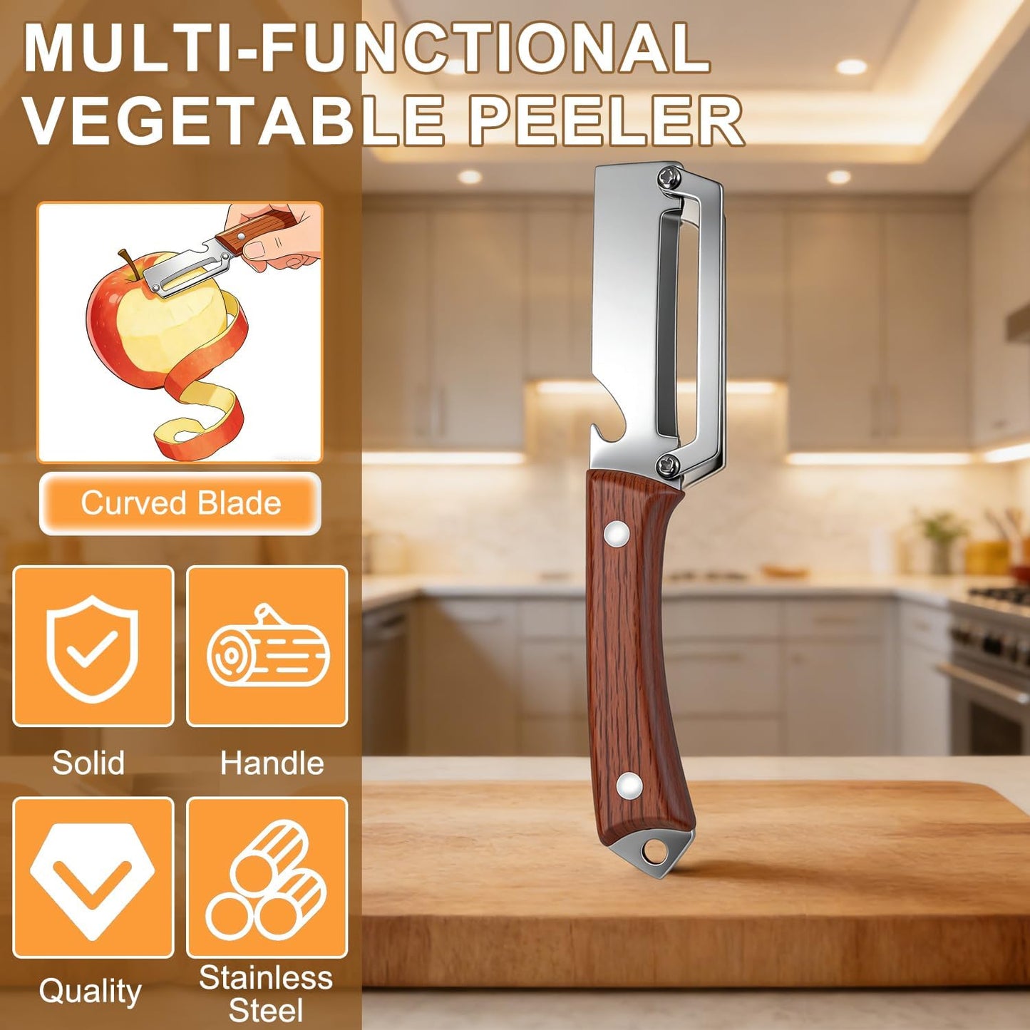 2PCS Premium Vegetable Peeler with Wooden Handle and Bottle Opener, Multifunctional Vegetable Peeler, 2-In-1 Stainless Steel Blade Peeler Knife for Potato Fruit Pineapple Pumpkin Papaya Carrot (A)