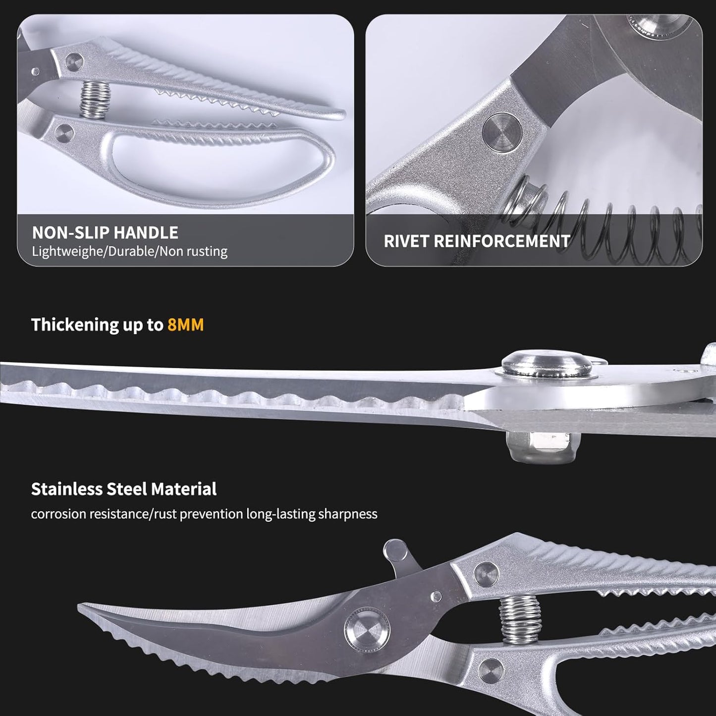 Heavy Duty Kitchen Shears - Professional Poultry Scissors with Anti-Slip Handle & Safety Lock, Spring-Loaded Dishwasher Safe for Chicken, Meat, Fish, Bones, Vegetables