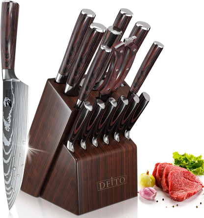 Dfito Kitchen Knife Set, 15 Pieces Knife Set with Block and Sharpener, High Carbon Stainless Steel Knives Set for Kitchen with Red Pakkawood Handle, Razor Sharp Knife Block Set, Dishwasher Safe