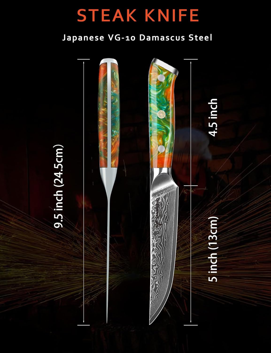 Steak Knives Set of 4, Ultra Sharp Non Serrated Kitchen Steak Knife 5 Inch - Damascus Steel & Resin Handle - Xuan Series (Sapphire Blue)