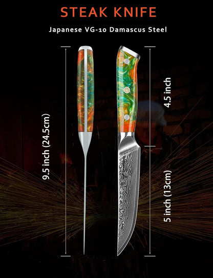 Steak Knives Set of 4, Ultra Sharp Non Serrated Kitchen Steak Knife 5 Inch - Damascus Steel & Resin Handle - Xuan Series (Sapphire Blue)