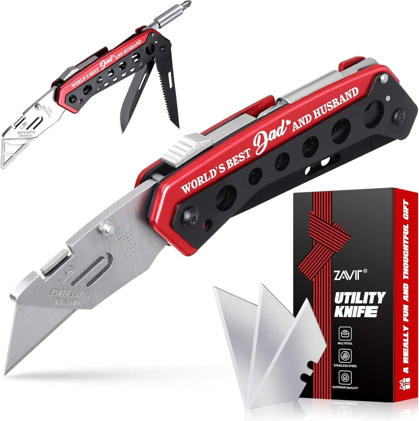 Utility Multitool Knife, Box Cutter, EDC, Work Folding Knifes, 6 in 1 Multitool for Men, Christmas Stocking Stuffers Gifts for Him Dad Grandpa Uncle Brother, Screwdrive, Extra 3 Razor Blades Included