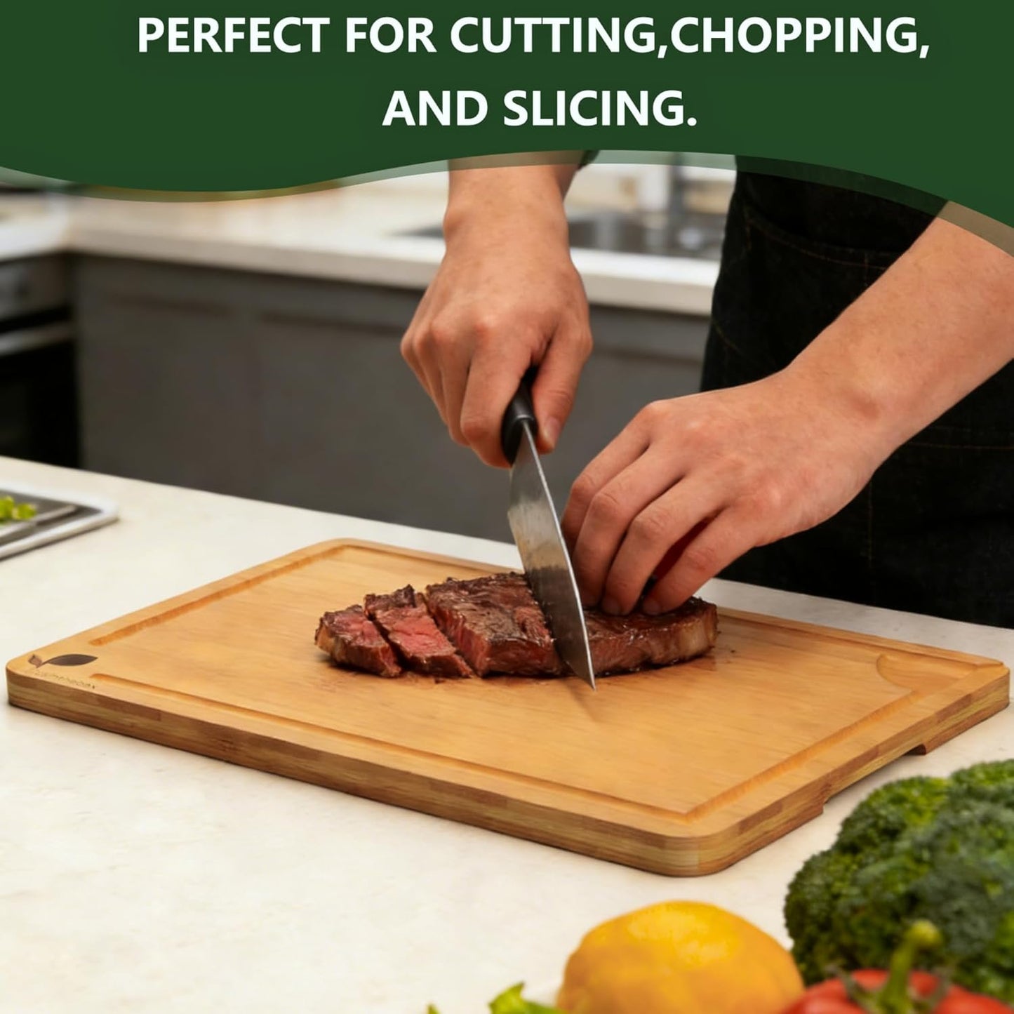 Cutting Boards for Kitchen, Bamboo Cutting Board Set of 3 with Storage Stand, Deep Carbonized Chopping Boards with Deep Juice Grooves and Side Handles for Meat, Vegetables, Fruit and Meal Prep