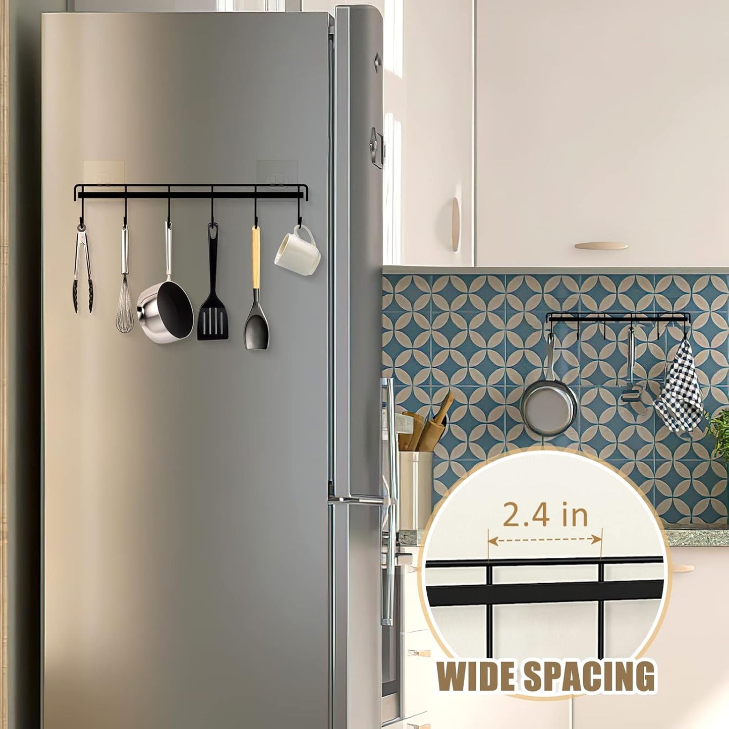 Kitchen Utensil Hanger, Adhesive Utensil Holder Wall Mount Kitchen Rack Rail with 12 Hooks, Space Saving and No Drilling, White, 2 Pcs