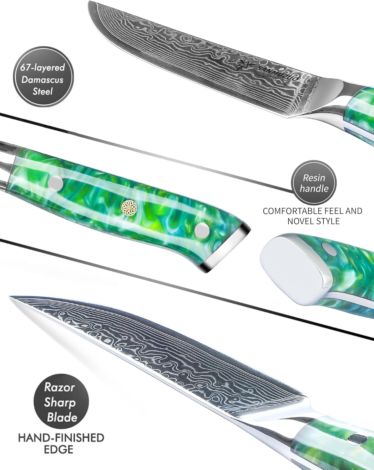 Steak Knives Set of 4, Ultra Sharp Non Serrated Kitchen Steak Knife 5 Inch - Damascus Steel & Resin Handle - Xuan Series (Sapphire Blue)