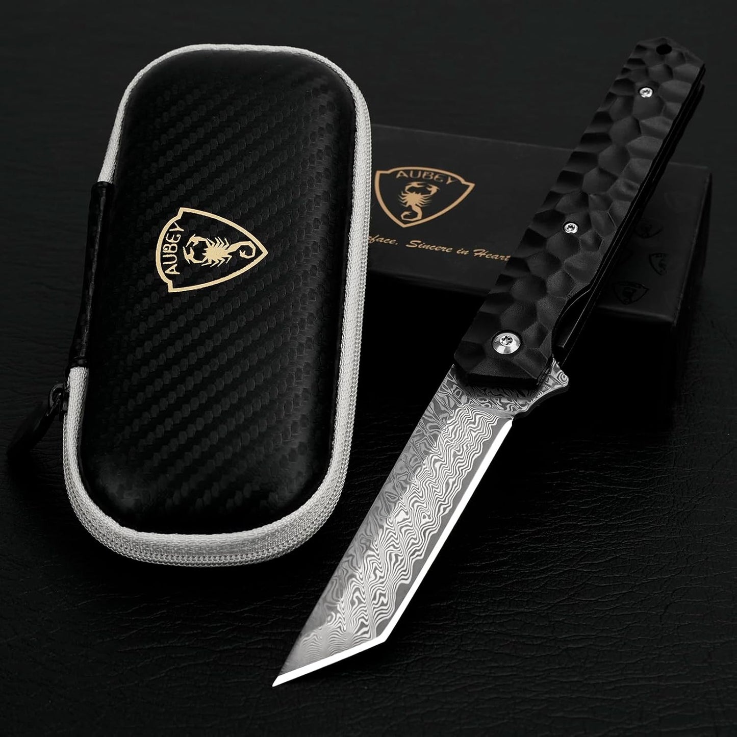 AUBEY Damascus Pocket Knife with Clip, Sharp Tanto Blade with VG10 Core Folding Knife with Abalone Shell Handle and Glass Breaker, EDC Camping Knife for Gift Survival Collection
