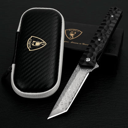 AUBEY Damascus Pocket Knife with Clip, Sharp Tanto Blade with VG10 Core Folding Knife with Abalone Shell Handle and Glass Breaker, EDC Camping Knife for Gift Survival Collection