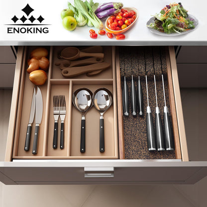 Enoking Knife Drawer Organizer Insert, In Drawer Knife Block, Acacia Wood Knife Holder with Cork Dividers For Kitchen Chef Steak Knife Storage Keep Drawer Tidy (Acacia Wood, 15 x 5.9 x 2.6 In)