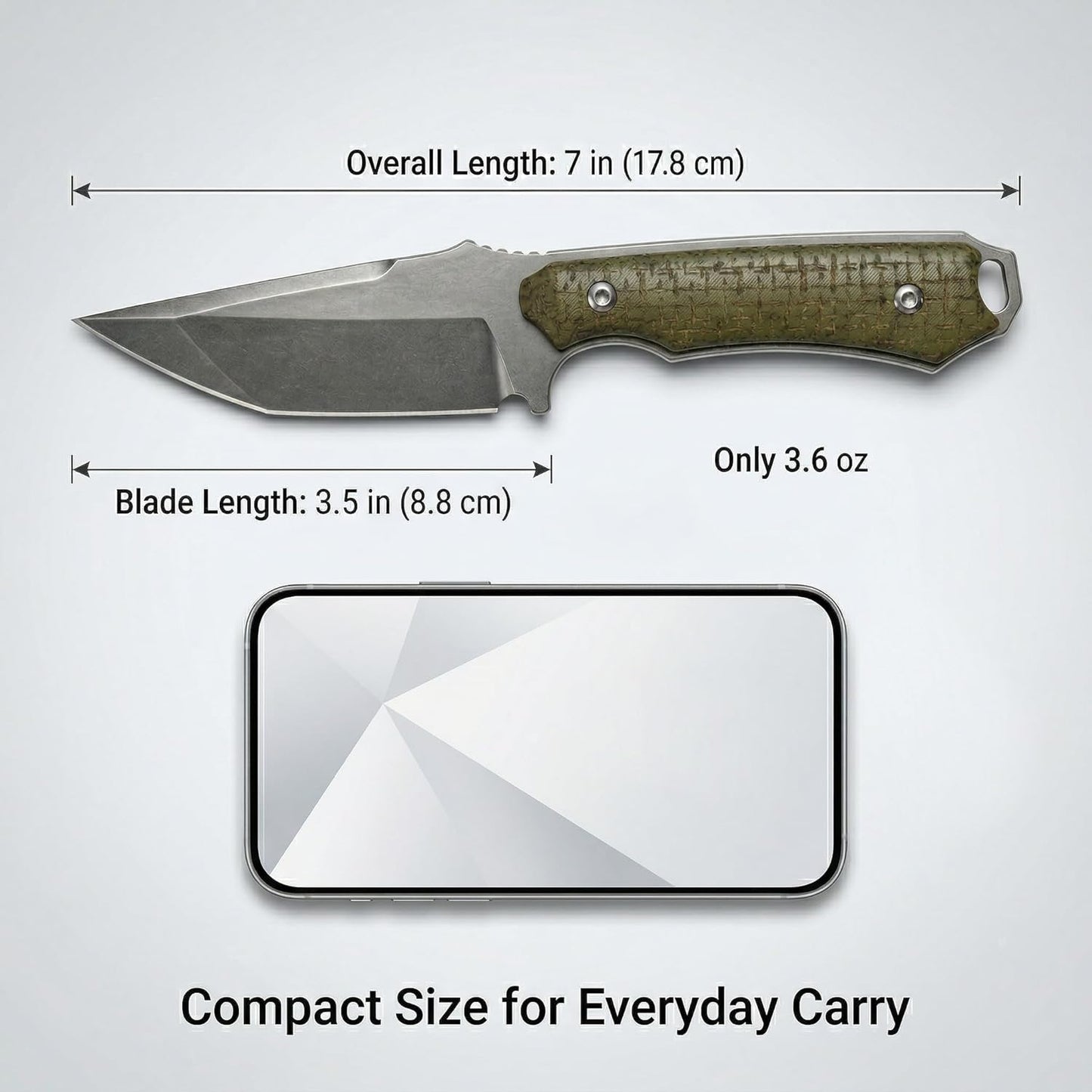 Compact Fixed Blade EDC Knife, D2 Steel Blade, Ultra Lightweight 3.6 oz, 3.5 in Full Tang Outdoor Utility Tool with Carbon Fiber Handle & Kydex Sheath for Camping Hiking Everyday Carry