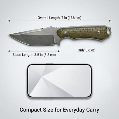 Compact Fixed Blade EDC Knife, D2 Steel Blade, Ultra Lightweight 3.6 oz, 3.5 in Full Tang Outdoor Utility Tool with Carbon Fiber Handle & Kydex Sheath for Camping Hiking Everyday Carry