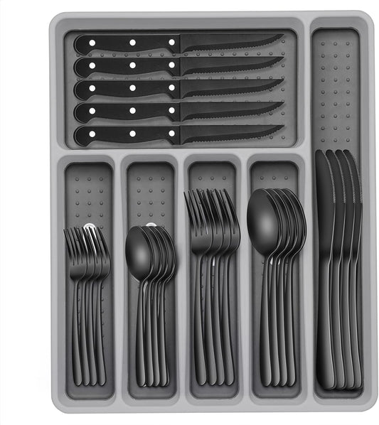 49-Piece Silverware Set with Organizer, Heavy Duty Stainless Steel Flatware Set for 8, Cutlery Utensil Sets with Steak Knives, Rust-proof, Mirror Polished, Dishwasher Safe, Heavy Duty