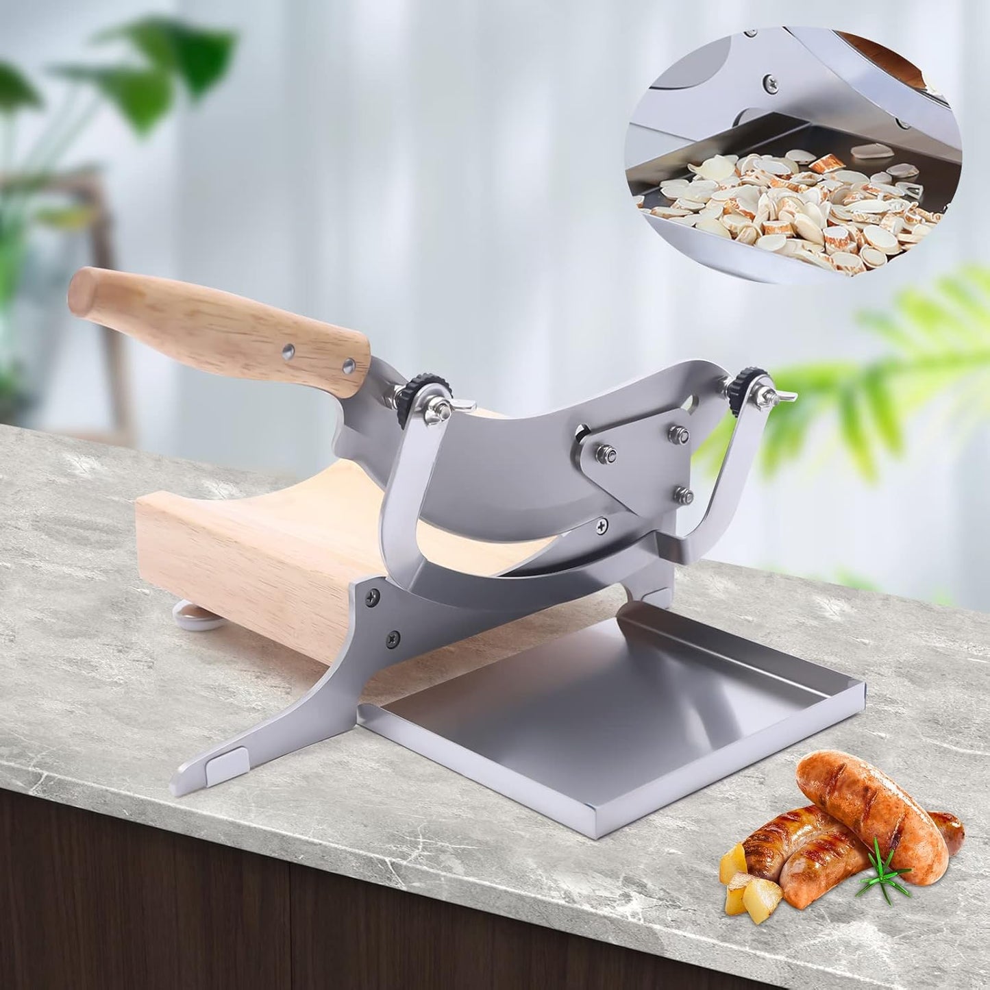 Stainless Steel Manual Meat Beef Slicer, 0~0.5inch Thickness Adjustable Meat Cutter Machine with Concave Base, Manual Cutting Machine for Sausages, Vegetables, Pork, Beef, Ham