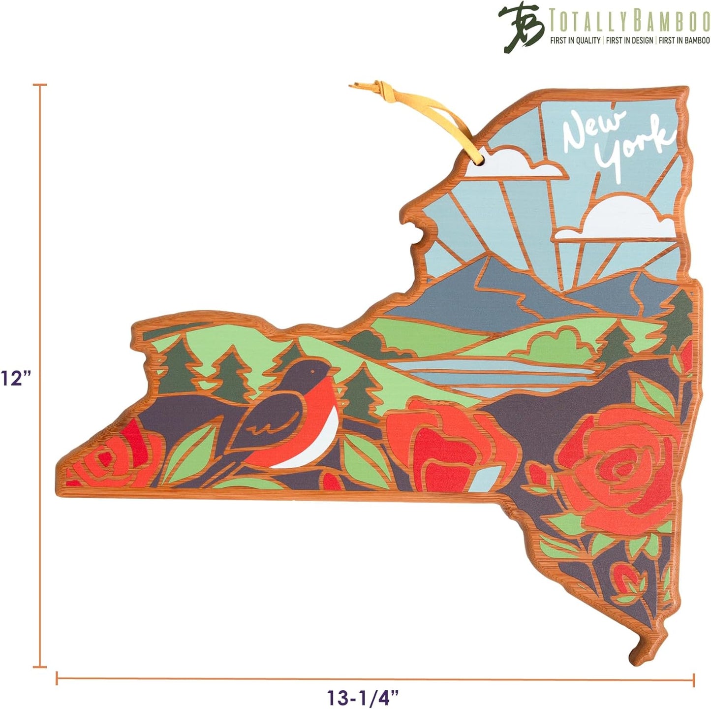 Totally Bamboo North Carolina State Shaped Cutting Board and Charcuterie Serving Platter with Artwork by Summer Stokes, Includes Hang Tie for Wall Display 18" x 8" x 5/8" - Colors A