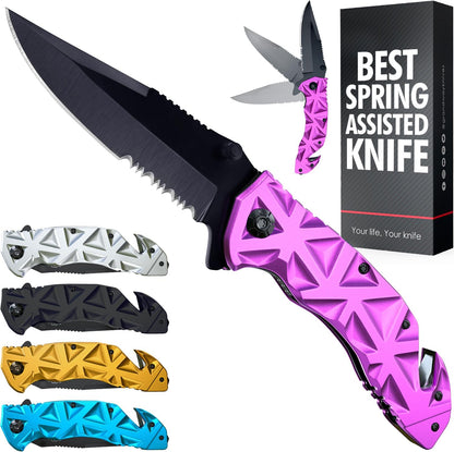 Pocket Knife for Men - Serrated Sharp 3.5" Folding Blade - Multifunction Tool with Wire Cutter Glass Breaker - Perfect Knives for Outdoor Cooking, Cutting Sashimi, Kitchen - Anniversary, Birthday Gifts Idea HB 207