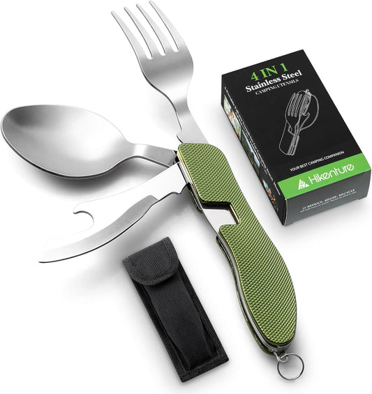 HIKENTURE Camping Utensils with Case 4-in-1 Folding Flatware Stainless Steel Fork Knife Spoon Bottle Opener Travel Cutlery Hobo Multitool Set(Black 2 Pack)
