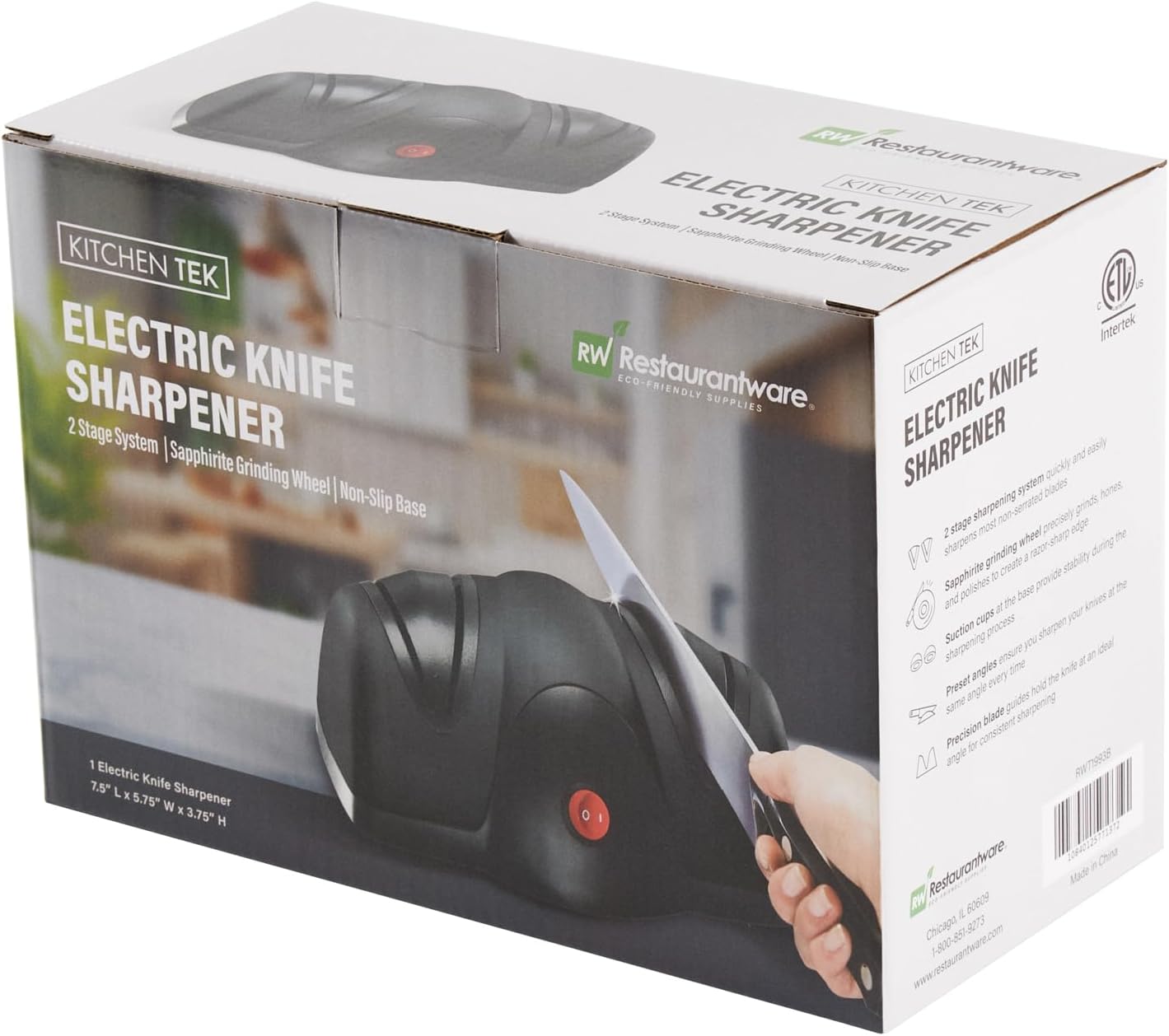 Restaurantware-Kitchen Tek 2-Stage Electric Knife Sharpener, 1 Straight-Edge Knife Sharpener With Diamond Grinding Wheel - 120 Voltage, Quick Sharpening, Gray Plastic, For Kitchen Knives