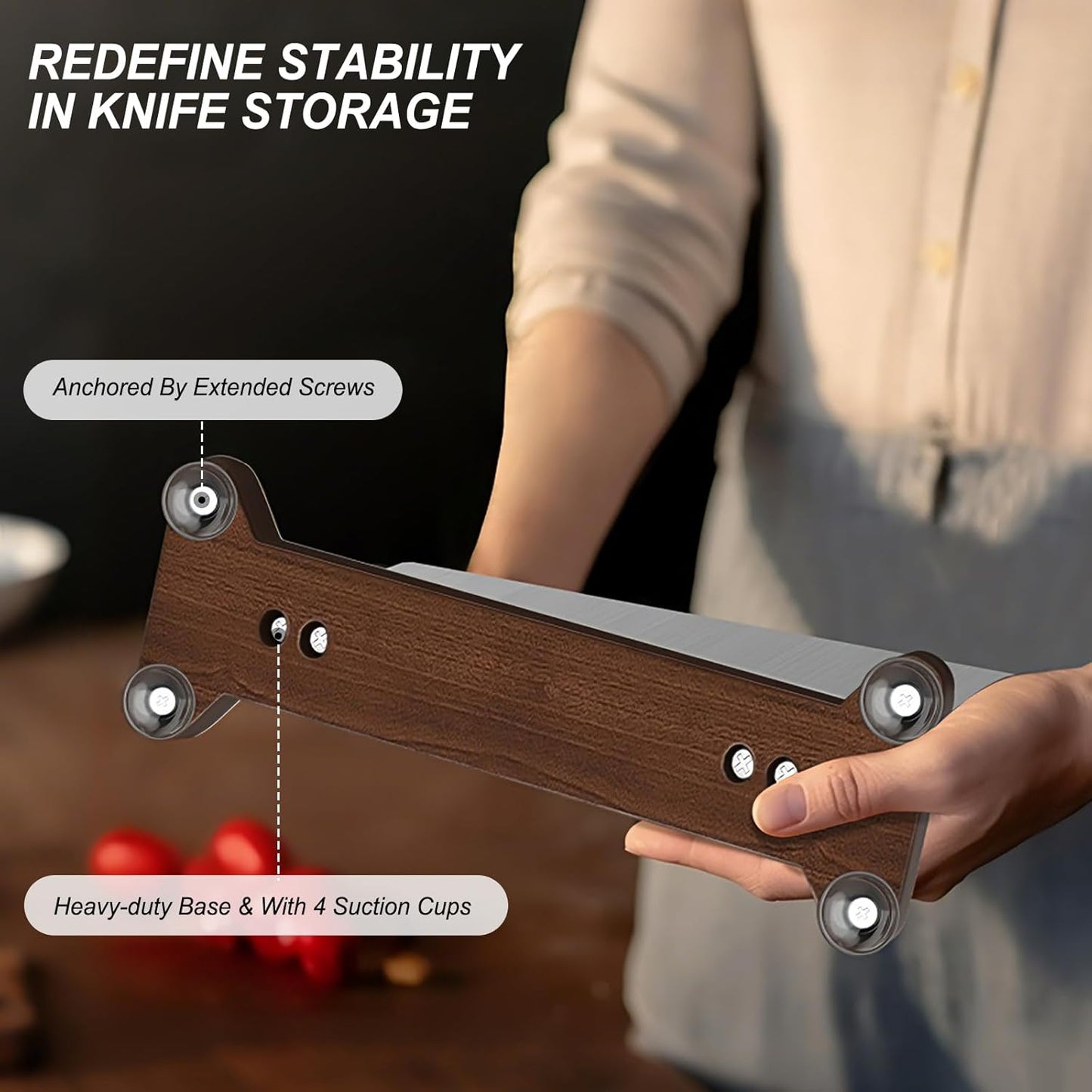 Magnetic Knife Holder, Stainless Steel Magnetic Knife Block without Knives, Strong Double Sided Magnet Knife Storage Strip with Wood Base for Kitchen Counter-Silver