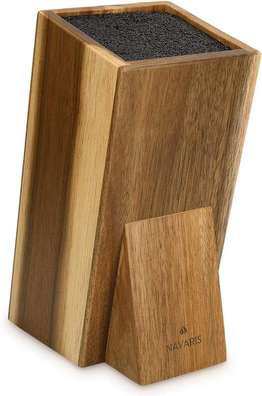 Navaris Universal Knife Block Holder - Acacia Wood Stand with Bristles to Fit Different Sizes of Knives - Angled Design, 9.8" x 5.9" x 4.1’"