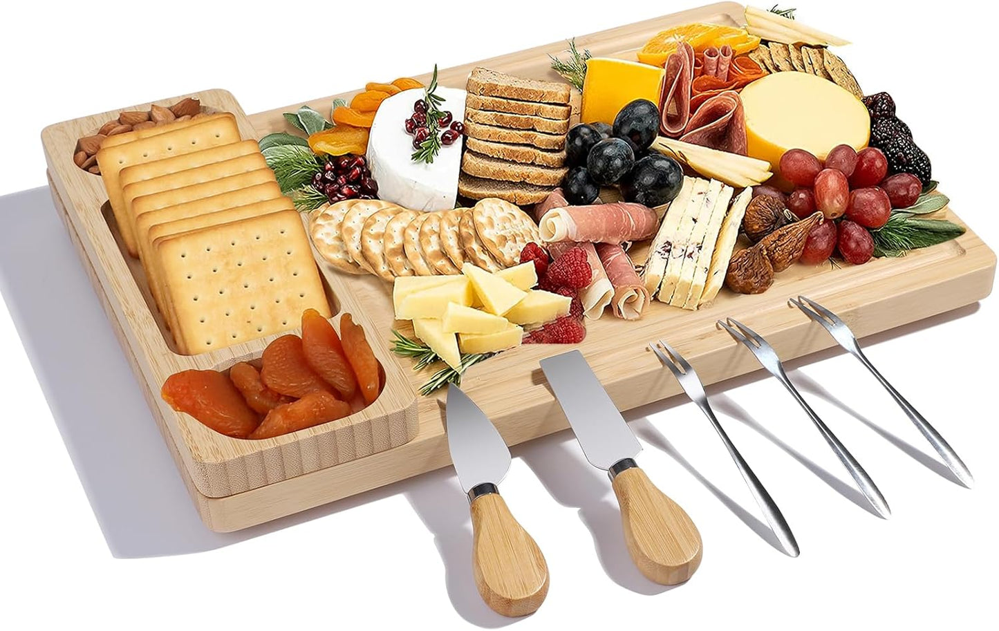 Premium Bamboo Charcuterie Board Set with Hidden Drawer & 4 Cheese Knives - 13x13 Large Cheese Board Serving Tray - Unique Housewarming Gifts for New Home, Wedding & Bridal Shower Gifts for Couples