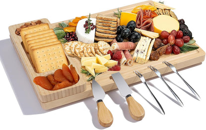 Premium Bamboo Charcuterie Board Set with Hidden Drawer & 4 Cheese Knives - 13x13 Large Cheese Board Serving Tray - Unique Housewarming Gifts for New Home, Wedding & Bridal Shower Gifts for Couples