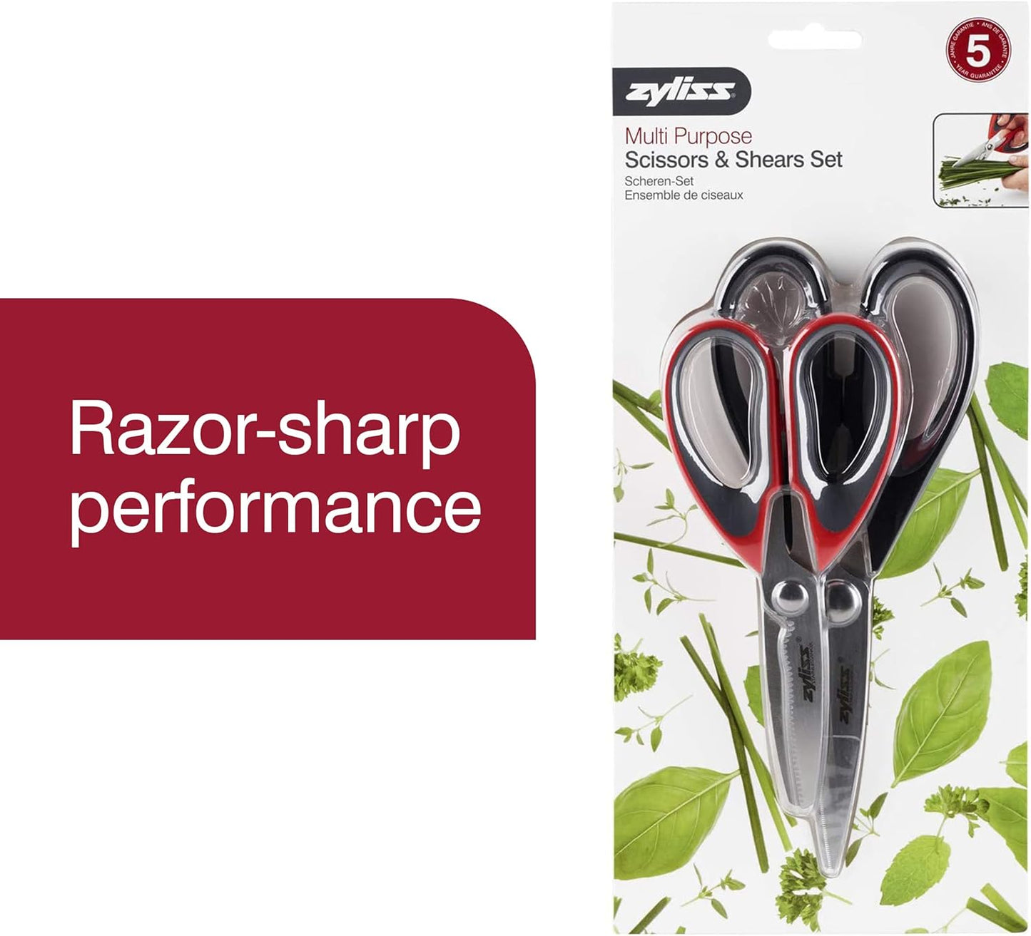 Zyliss 2-Piece Stainless Steel Kitchen Scissor & Shear Set – 7" Red & 9" Black – Micro-Serrated Blades, Soft-Touch Grip, Heavy-Duty Hinge & Box Cutter – Food Prep & Household Use Durable & Versatile