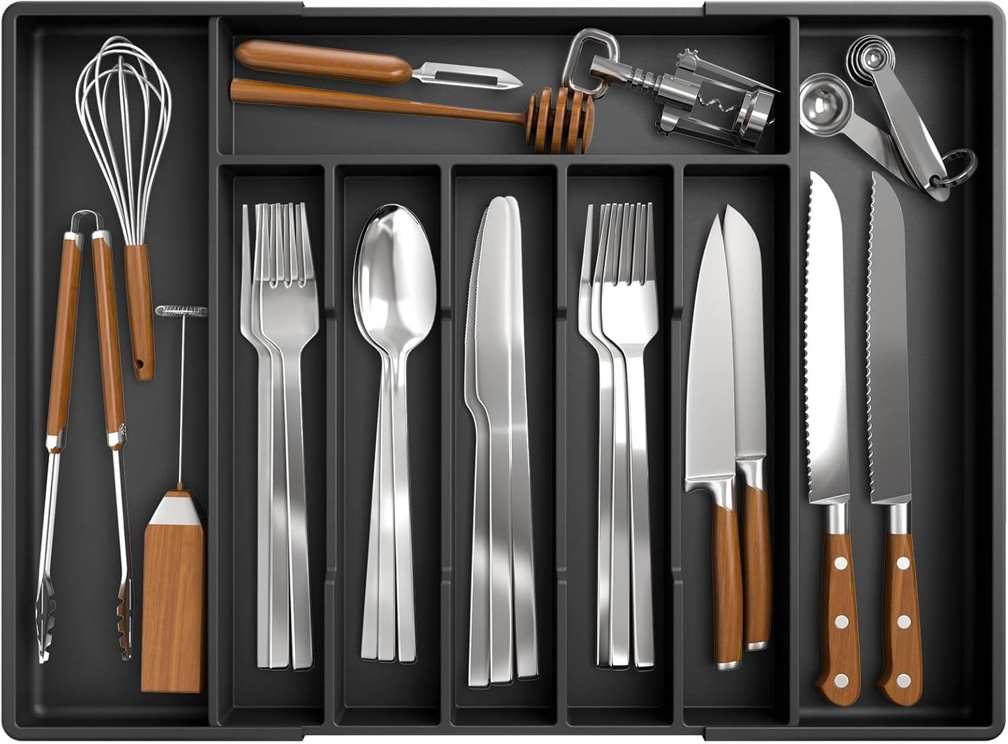 Kitsure Silverware Organizer for Drawers - Expandable Cutlery and Utensil Drawer Organizer with Easy Maintenance, Premium PP Kitchen Organizers and Storage for Flatware, Black, 13.2" x 12.2" x 1.6"