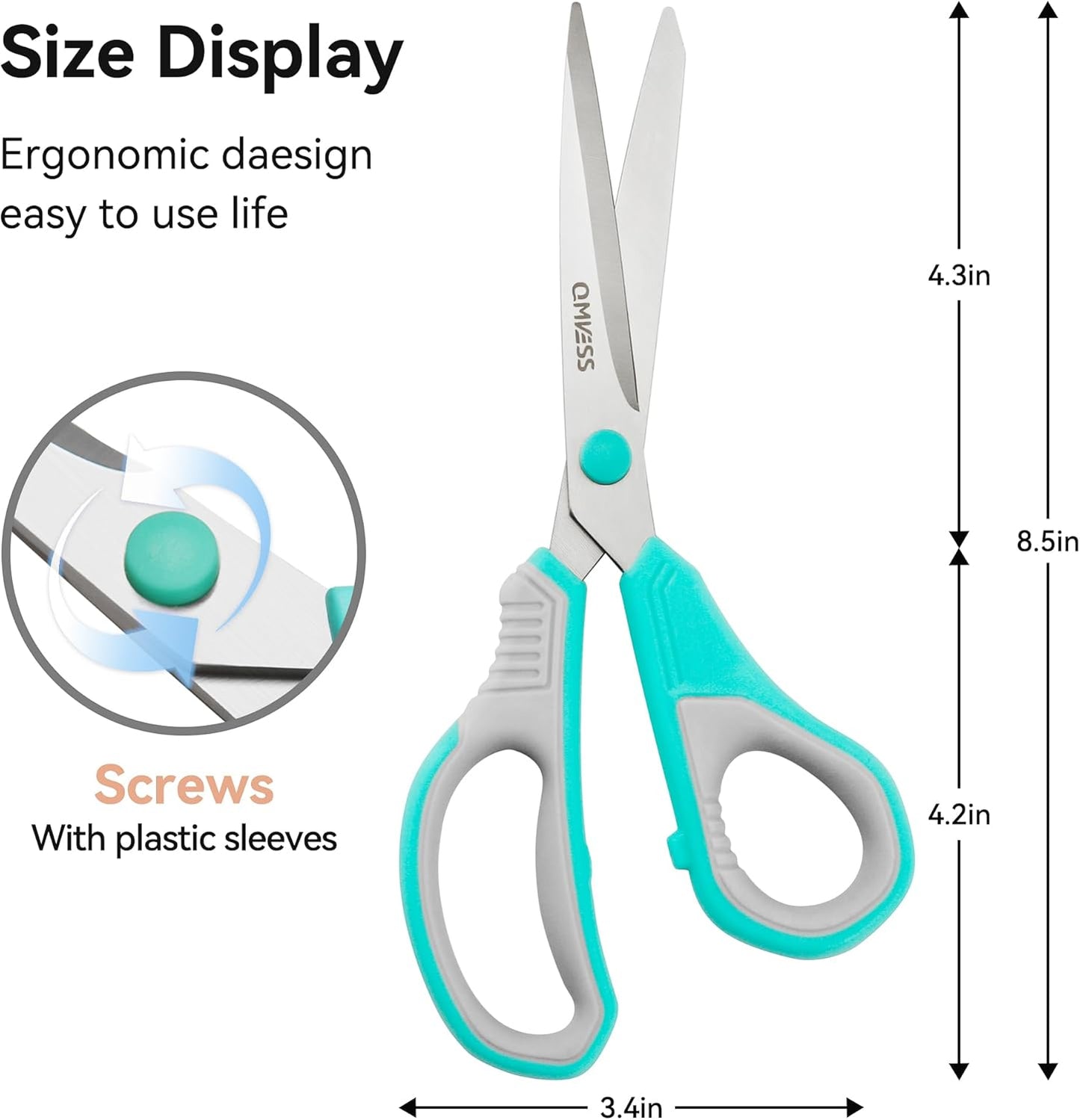 QMVESS 8.5" Scissors All Purpose 3 Pack, Ultra Sharp 2.5mm Thick Blade Scissors for Office, Professional Ergonomic Comfort Grip for Office School Home Fabric Sewing DIY Craft Cutting General Use