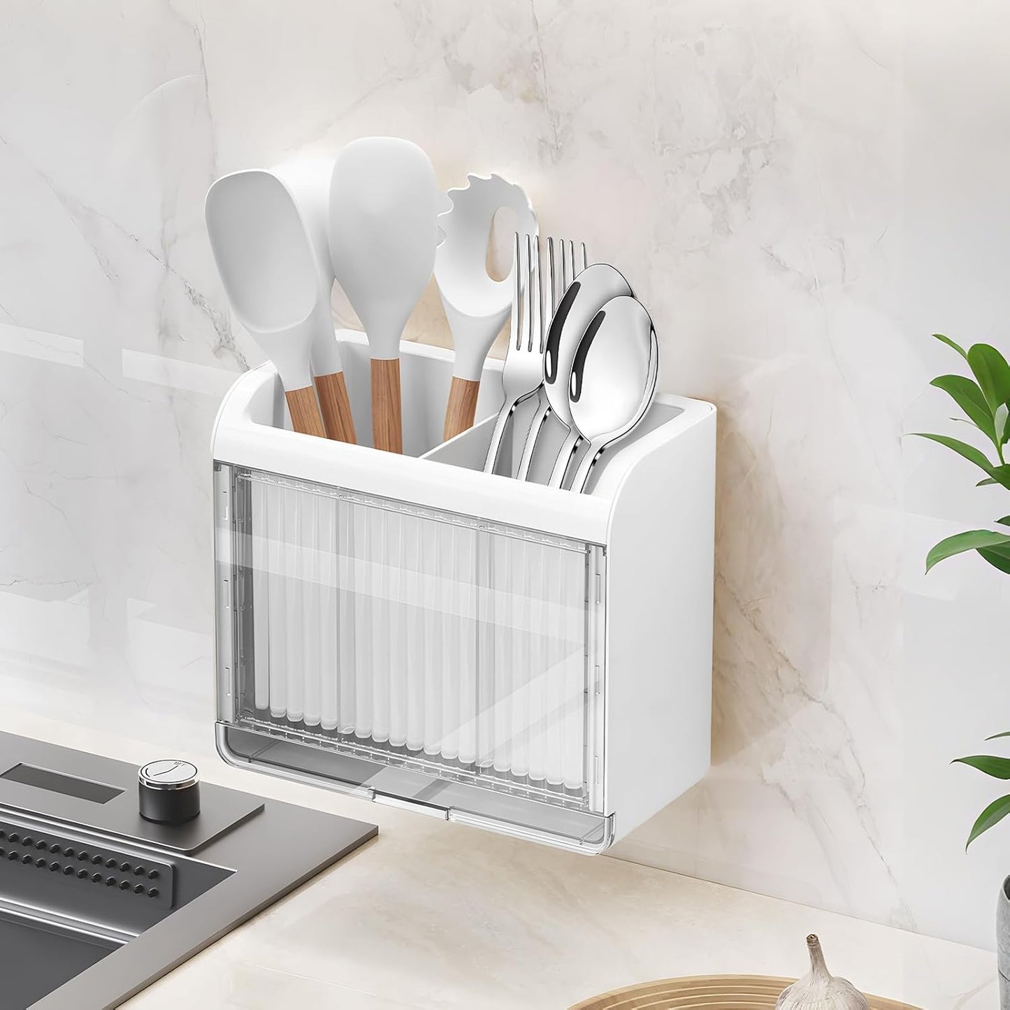 Utensil Holder, Kitchen Utensil Drying Holder with Drain Tray, Wall Mount Drainer Basket Silverware Cutlery Flatware Rack Forks, Knives, Spoons, Chopsticks Organizer - White