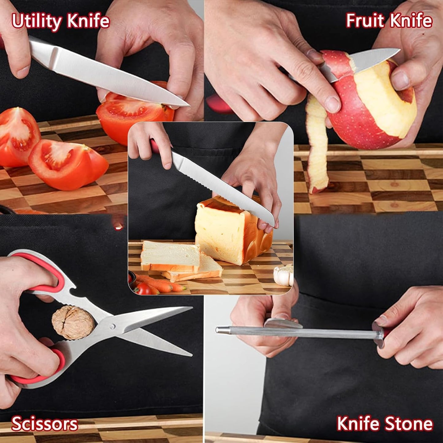 8-Pieces Kitchen Knife Set,Sharp Knife Sets with Sharpener and 360° Rotating Block,Non-stick Stainless Steel Knife set for Kitchen,Anti-Rust Dishwasher Safe kitchen sets (Red)