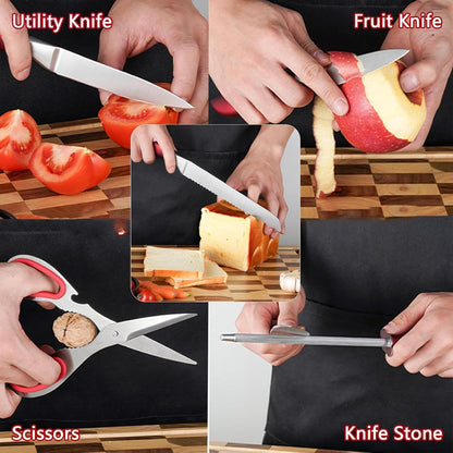 8-Pieces Kitchen Knife Set,Sharp Knife Sets with Sharpener and 360° Rotating Block,Non-stick Stainless Steel Knife set for Kitchen,Anti-Rust Dishwasher Safe kitchen sets (Red)