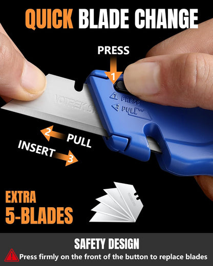 VOTREK® Box Cutter Retractable| Metal Utility Knife Set【Built-In Storage】 Tool-Free Quick Blade Change| Safety Lock| Extra 10 Sharp SK5 Blades| 2-Pack Heavy Duty Razor Knife for Cardboard & Plastic
