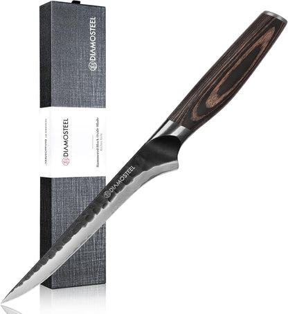 Santoku Knife - 7-Inch Professional Kitchen Knife - Hammered Black Oxide Blade Japanese 9CR18MOV High Carbon Stainless Steel Sharp Chef Knife - Ergonomic Pakkawood Handle with Present Box