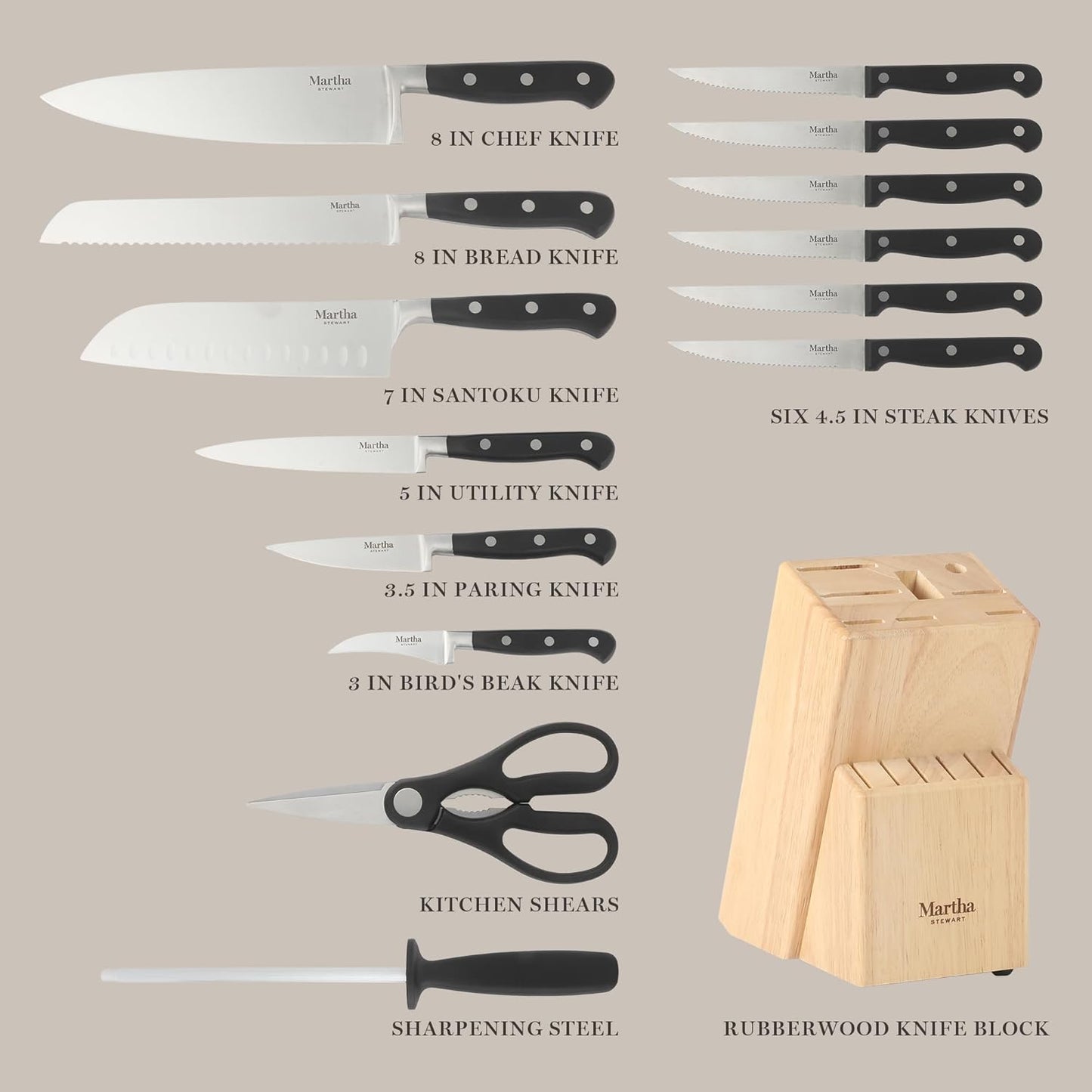 Martha Stewart Carverton 10" Hollow Edge Slicer Knife, High Carbon Stainless Steel Kitchen Knives w/Black Triple Riveted Handle