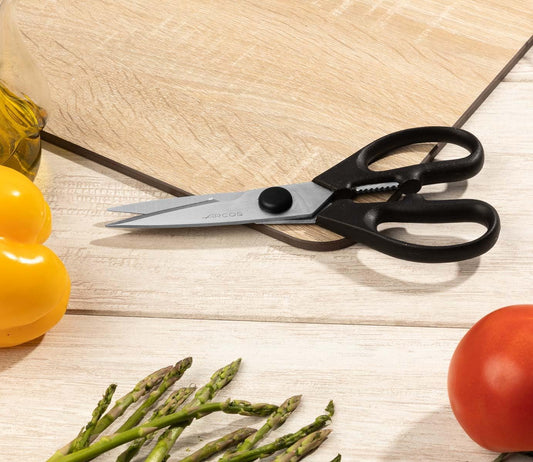 ARCOS Kitchen Take Apart Scissors 8 Inch Nitrum Stainless Steel and 195 mm blade. 154 gr. Ergonomic Polyoxymethylene POM Handle. Series Prochef. Smooth edge and stylish wooden handle. White Color