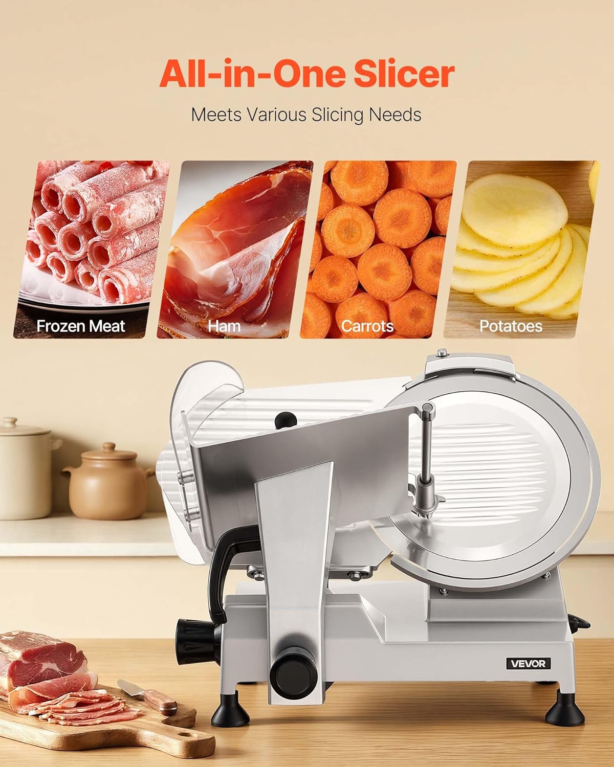 VEVOR Fully Automatic Meat Slicer, 180W + 370W Commercial Food-Slicer with 10" Carbon Steel Blade, Built-In Sharpener & 0-0.3" Adjustable Thickness for Frozen Meat, Ham, Baguett, Steak