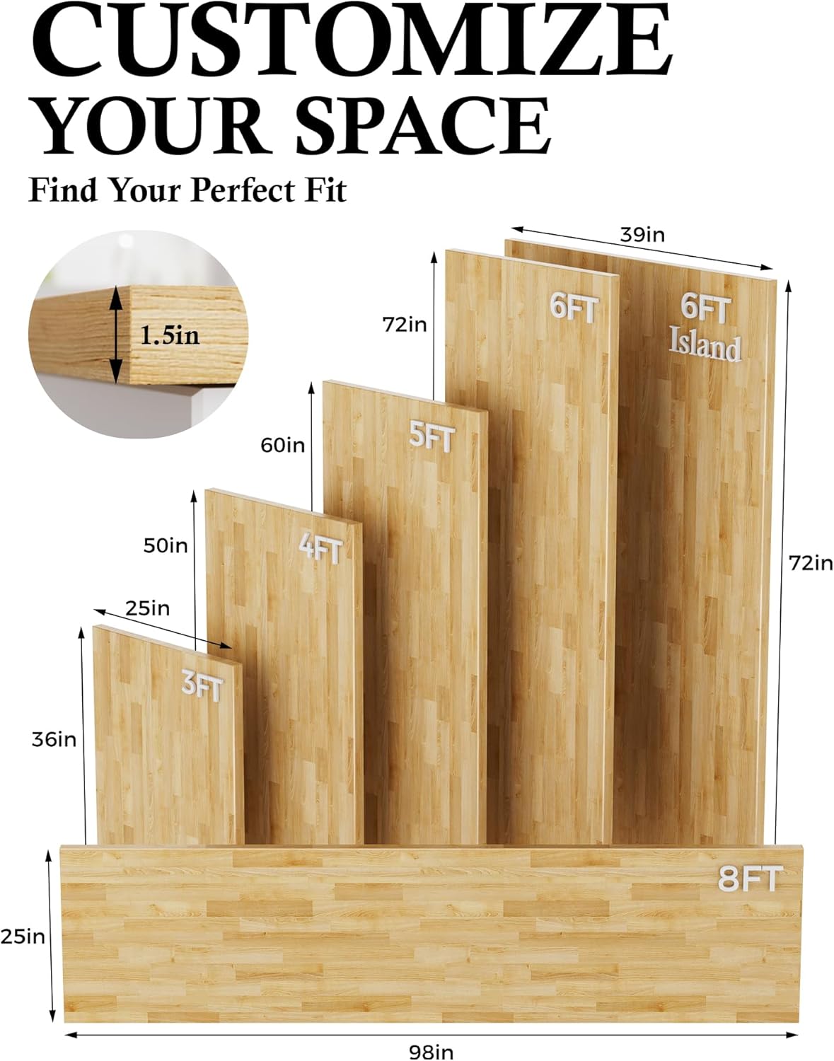 4FT Butcher Block Countertop Birch Solid Wood - 50" x 25" Table Top Butcher Block Cutting Board for Kitchen Island Cart Living Dining Office Desk Workbench Washer Dryer Countertop Unfinished 1.5" Th