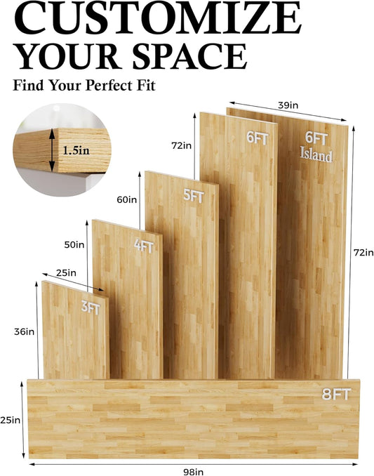 4FT Butcher Block Countertop Birch Solid Wood - 50" x 25" Table Top Butcher Block Cutting Board for Kitchen Island Cart Living Dining Office Desk Workbench Washer Dryer Countertop Unfinished 1.5" Th