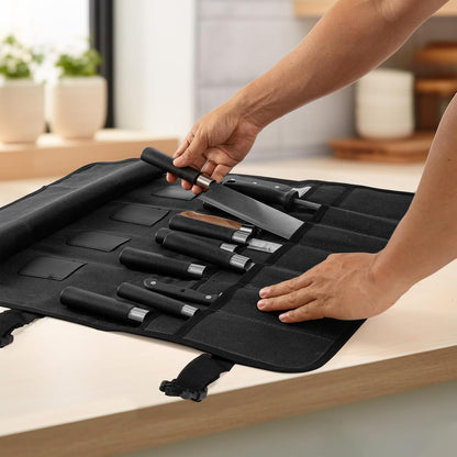 Chef Knife Roll Bag, Waxed Canvas chef bag with 18 Slots Cutlery Knives Holders Protectors, Portable Knife Bags for Chefs Professional, Case Storage Pouch, Camping and Hold Home Kitchen Knife Tools