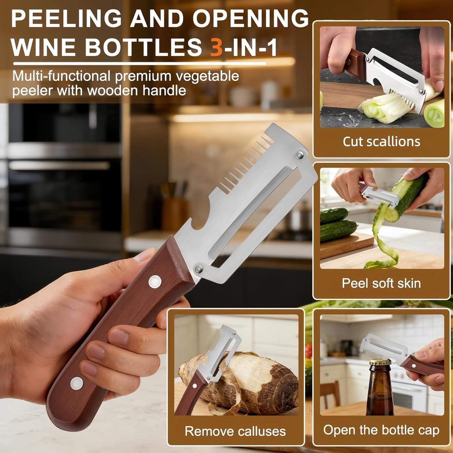 2PCS Multifunctional Vegetable Peeler, Upgrade 3-in-1 Wooden Handle Peelers with Bottle Opener, Premium Stainless Steel Peeler, Fruit Knife for Welsh Onion, Potato, Carrot, Apple, Pumpkin with a Brush