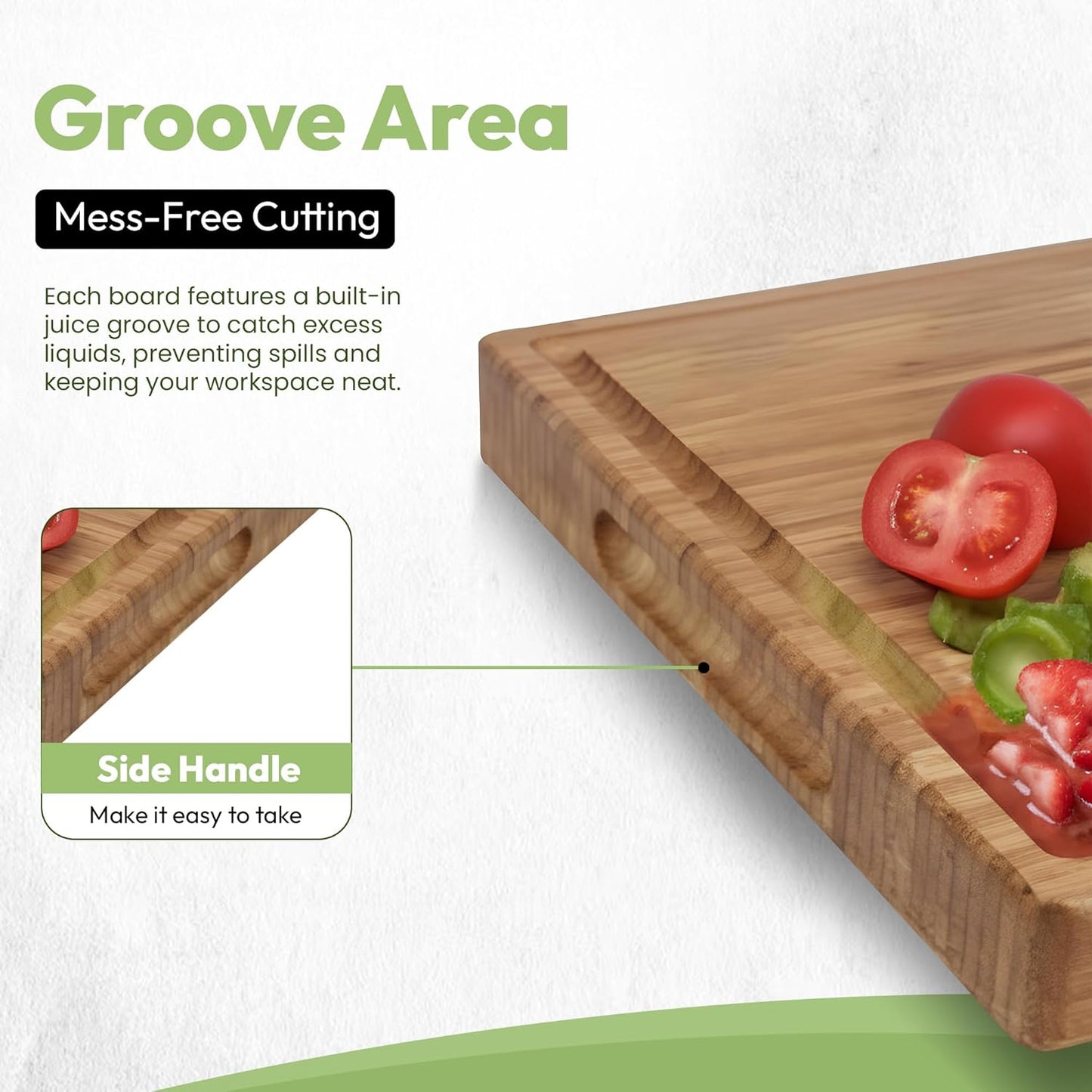 Greva 3 Piece Bamboo Cutting Board Set with Juice Grooves, Non-Slip Feet Built-in Handles, Deep Carbonized Wood for Meat Fruit and Cheese Includes 3-in-1 Wooden Cutlery Set