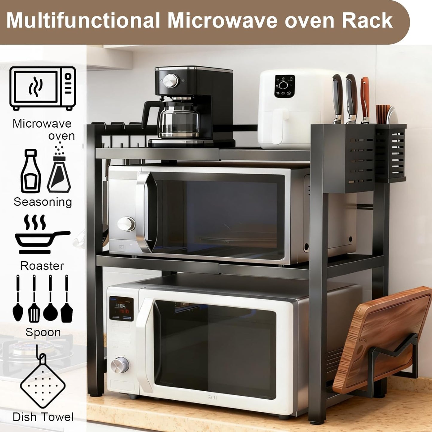 Adjustable Microwave Oven Rack, Microwave Stand Shelf Heavy Duty 2-Tier Shelf with Cutting Boards Stand Knife Rack and Chopstick Holder for Kitchen Shelves Counter Top Organizer, Holds 55lbs,6 Hooks