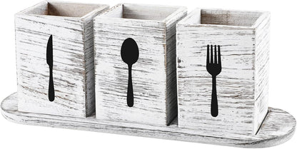 Kathfly 4 Pcs Silverware Caddy Utensil Holder for Countertop Silverware Organizer with Wood Tray Spoon Fork Holder 3. 15 x 3. 15 x 4. 53 Inches of Each Organizer for Kitchen Parties(White)