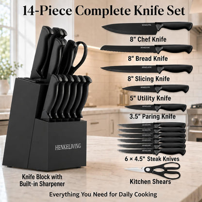 Knife Set, 14-Piece Black Dishwasher Safe Kitchen Knife Block Set with Built-In Sharpener, German High Carbon Stainless Steel Blades, Ultra Sharp Knives with Ergonomic Non-Slip Handles